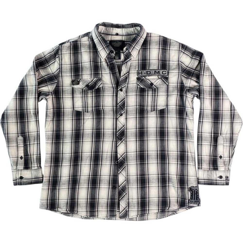 Harley-Davidson Shirt Mens 2XL Grey Plaid Flannel Punisher Skull Number 1‎ Patch